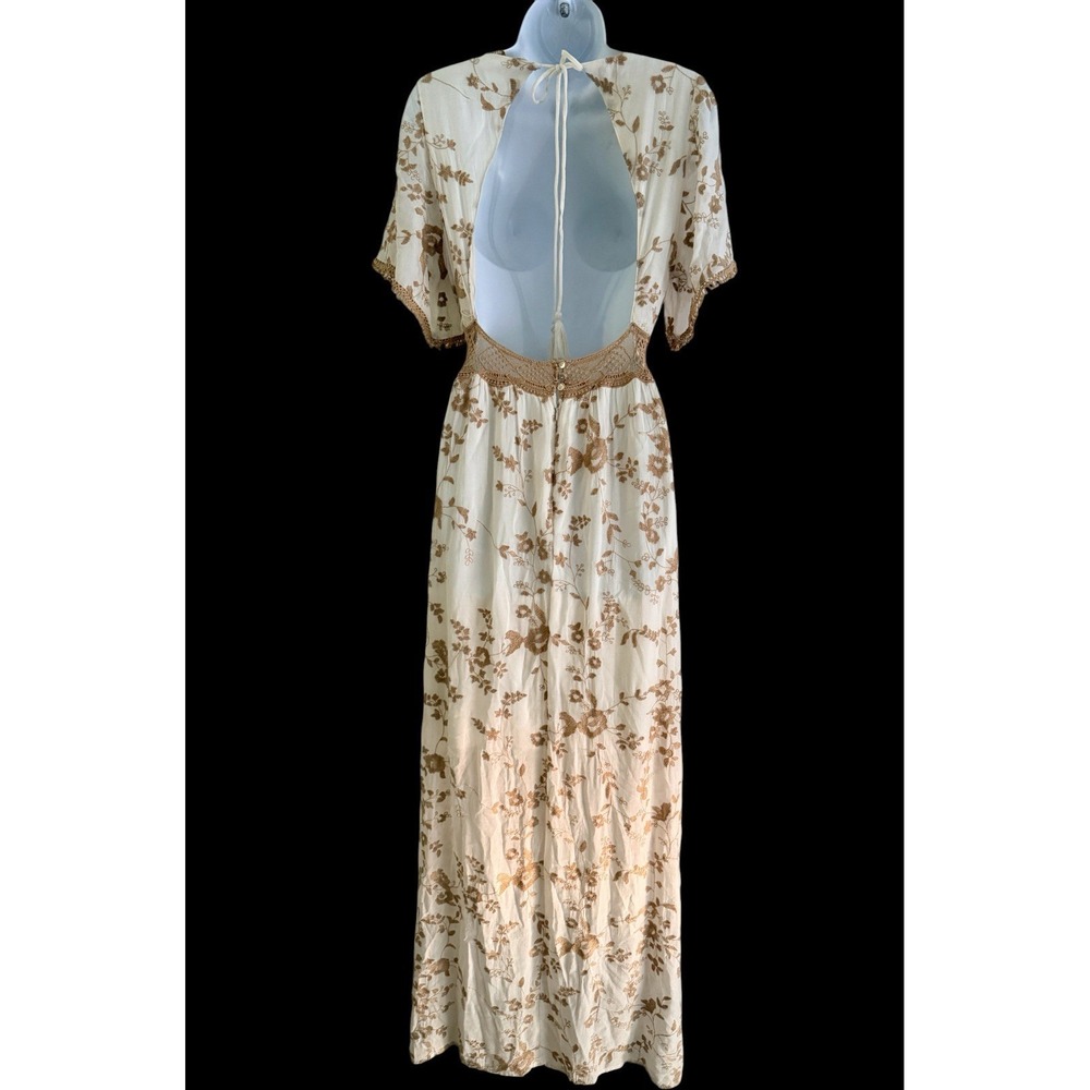 ZARA Trafaluc Maxi Dress M White Embroidered Boho Open Back Crochet Lace Beige - Picture 8 of 14